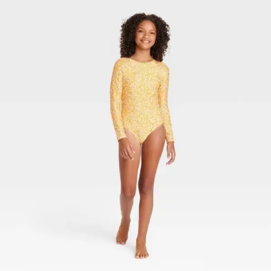  Girls' Ditsy Meadow Rash Guard One Piece Swimsuit - art class&trade; Yellow image {3}