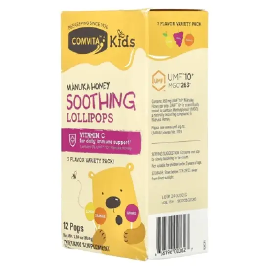 Comvita Kids, Manuka Honey Soothing Lollipops, Ages 3 and Up, Lemon, Orange, Grape, 12 Pops, 2.84 oz (80.4 g) image {4}