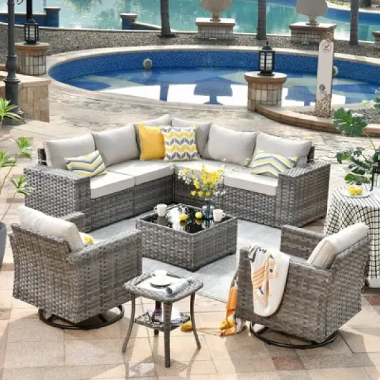 Marlton 9pc Wicker Outdoor Patio Furniture Set Conversation Sofa Sectional with Swivel Chairs and Cushions image {14}