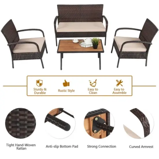 Costway 4PCS Patio Rattan Furniture Set Outdoor Conversation Set Coffee Table w/Cushions image {5}