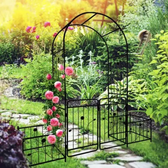 Dolonm Black Metal Garden Arch with Double Gates - 86.6" H x 79.5" W - Outdoor Rose Trellis for Climbing Plants, Includes Side Planters image {5}