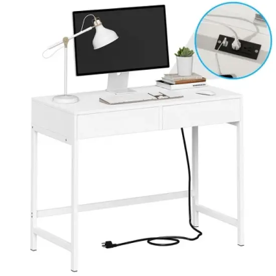 Kumasinova 40" Charging Gaming Desk with 2 Outlets&2 USB Ports,Computer Desk with 2 Drawer,Standing Desk for Office,Bedroom,White image {1}