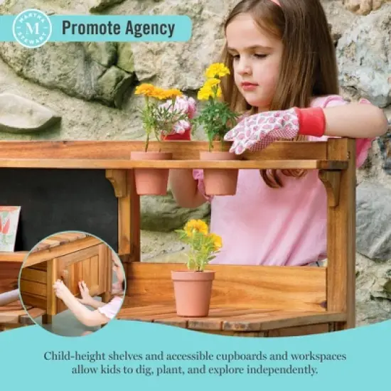 Martha Stewart Kids Outdoor Potting Bench: Acacia Wood Kids Gardening Set w/ Pots, Garden Tools, Bin & Open Shelves, Backyard Outdoor Activity Play image {4}