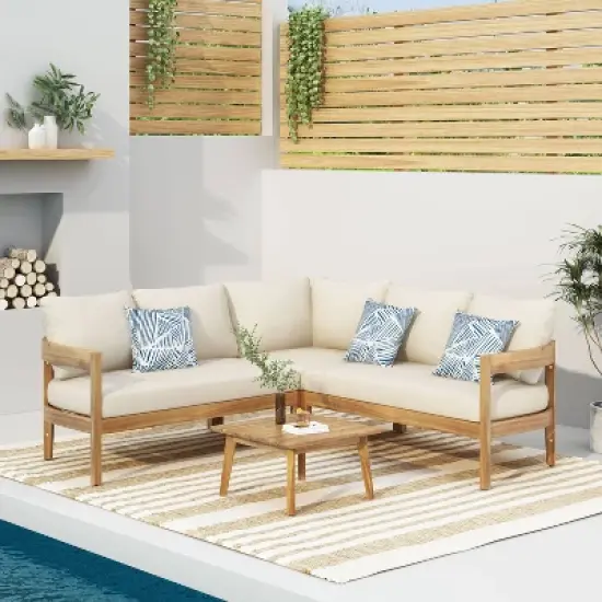 Christopher Knight Home 4pc Brooklyn Teak Outdoor Sectional Chat Set with Cushions Beige image {1}