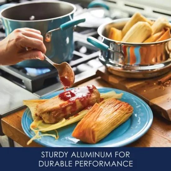 Rachael Ray 3 Quart Covered Multi-Pot Set with Steamer - Agave Blue: Nonstick, Glass Lid, Hand Wash image {3}