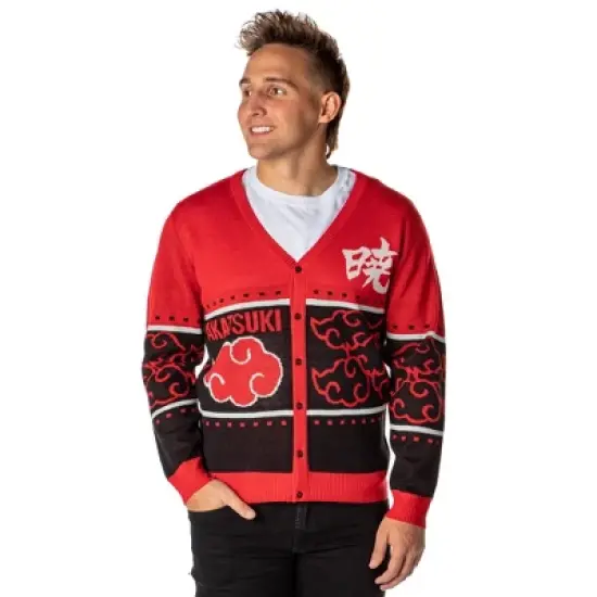 Naruto Shippuden Men's Akatsuki Red Cloud Ugly Christmas Sweater Cardigan image {4}