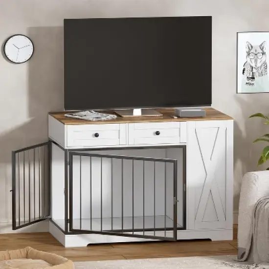 PAKASEPT Dog Crate Furniture, 47"W Dog Crate with Storage Cabinet and Feeder, Dog Kennel Furniture with Double Doors for Small/Medium/Large Dog image {4}