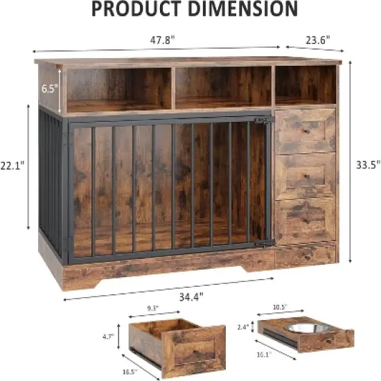 48'' Dog Crate Furniture, Heavy Duty Wooden Dog Kennel with Bowl & Storage Drawers, Indoor End Table for Small Medium Dogs image {1}