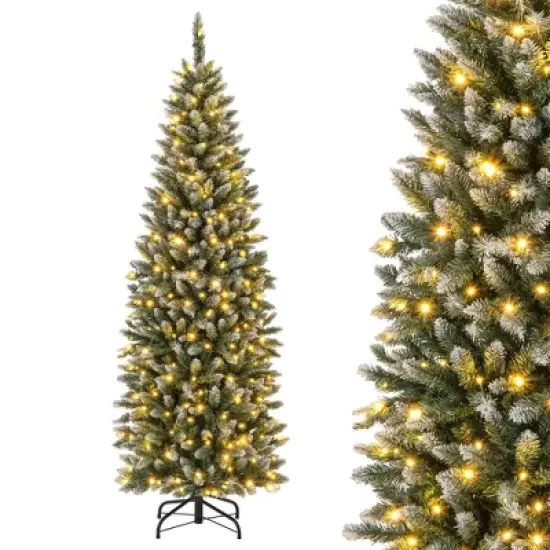 Costway 6FT/9FT Pre-Lit Christmas Tree Hinged Slim Pencil Xmas with 250/500 LED Lights image {1}