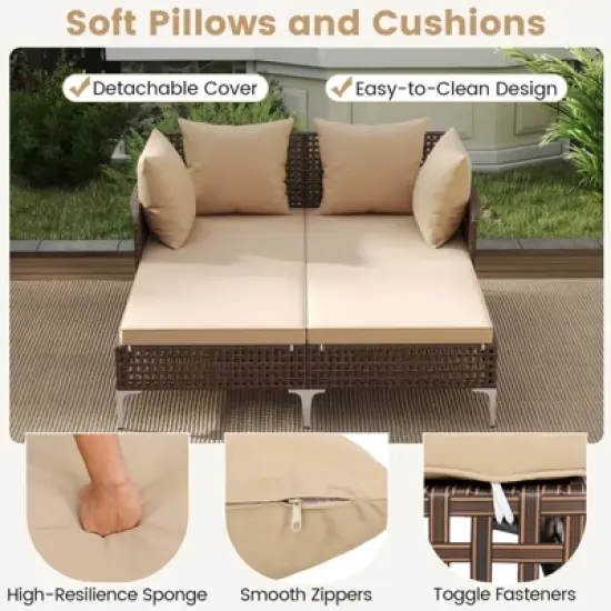 Costway Outdoor Patio Daybed PE Rattan Sunbed with Sponged-Filled Pillows and Cushions Brown/Navy image {5}
