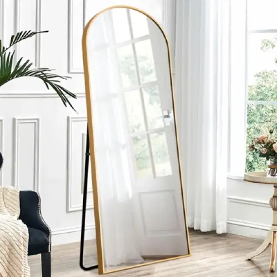 Malinda 64" x 21" Arched Free Standing Body Mirror, Metal Framed Full Length Wall Mirror, Large Floor Mirror - The Pop Home image {6}