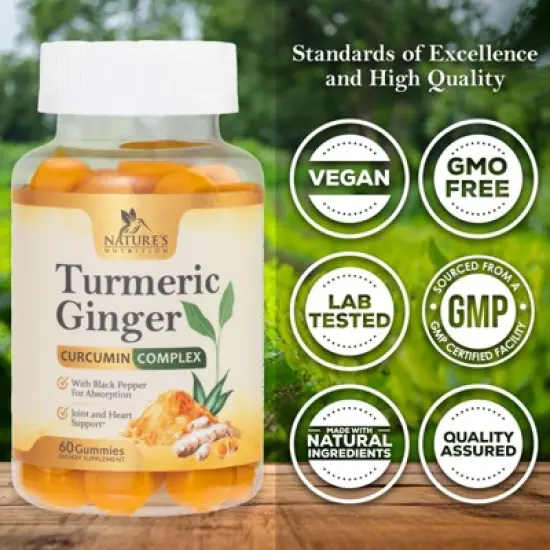 Turmeric Gummies with Black Pepper & Ginger for Best Absorption, 95% Curcuminoids Tumeric Curcumin - 60 Gummies By Nature's Nutrition image {3}