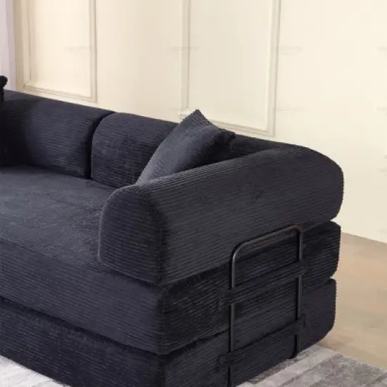 Convertible Sofa Couch with Cylindrical Pillows, Corduroy Folding Floor Sofa with Fixed-Shape Frame for Living Room-Maison Boucle image {6}