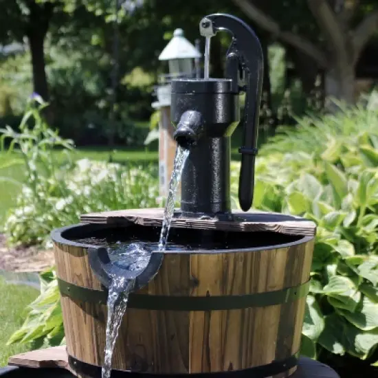 Sunnydaze 34"H Electric Fir Wood 2-Tier Farmhouse Barrel with Metal Decorative Hand Pump Outdoor Water Fountain image {8}