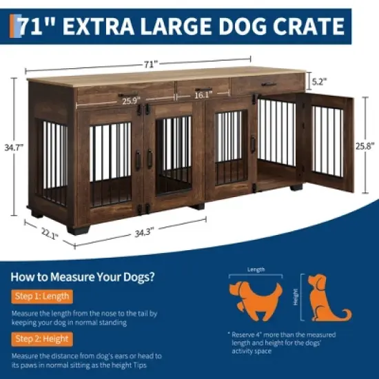 COZONY 71" Dog Crate Furniture for 2 Dogs, Wooden Double Crate with Divider Doors Large Indoor Dog Kennel TV Stand End Table for Large Medium Breeds image {2}