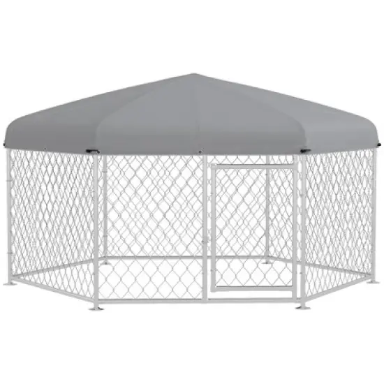 PawHut Dog Kennel, Outdoor Dog Run with Waterproof, UV Resistant Roof for Medium and Large-Sized Dogs, Silver image {8}