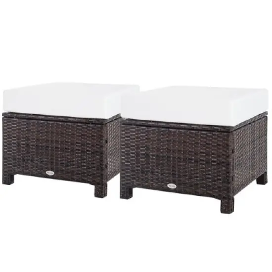 Outsunny 2 Pc 20" Outdoor PE Rattan Wicker Ottoman, Fade-Resistant Patio Footrest with Soft Cushion, Steel Frame, Dark Brown, White image {3}