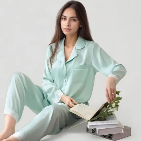 Anna-Kaci Lounge Women's Satin Long Sleeve Button Down Pajama Set with Chest Pocket and Lace Trim Hem Details image {5}