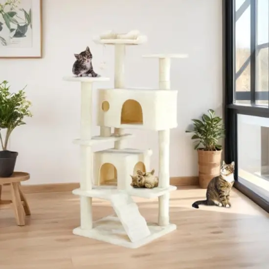 Aukfa 54-Inch Cat Tree Tower with Scratching Posts, Double Condos & Dangling Toys - Beige Pet Playhouse for Kittens and Cats, Multicolor image {6}
