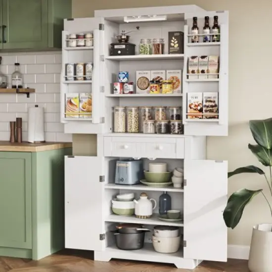 Bestier 72" Tall Kitchen Pantry Storage Cabinet with Doors and Shelves, Food Pantry Cabinet with Motion Sensor Light, White image {5}