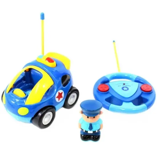 Link 4" Cartoon RC Police Car with Music, Lights & Action Figure, Remote Control Toy for Toddlers & Kids | Blue image {2}