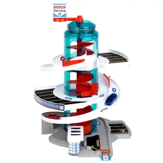 Theo Klein Bosch Car Service Helix Shaped Multi Story Parking Garage Pretend Playset Toy with 2 Toy Cars for Kids Aged 3 and Up image {1}