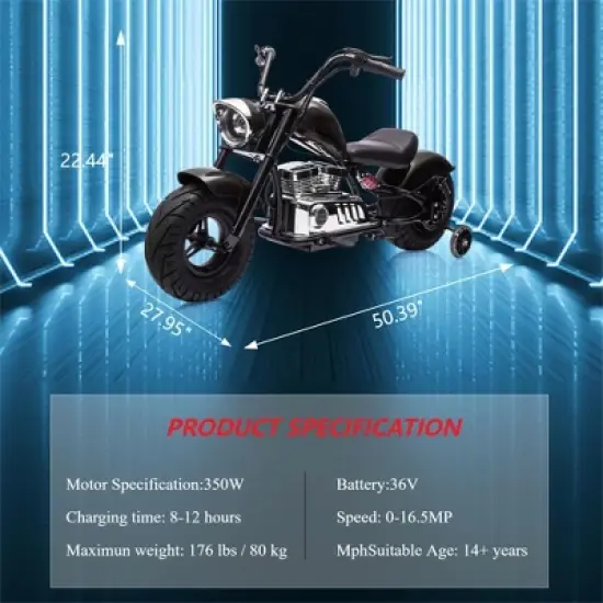 Kids Electric Dirt Bike, 36V Powered Ride On Motorcycle, 350W Torque Motorbike w/Training Wheel, Leather Seat, Music, LED Headlight for Boys Girls image {7}