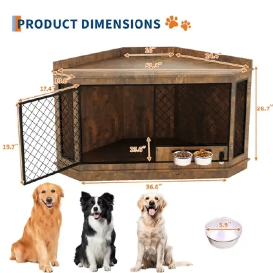 52 Inch Corner Dog Crate Furniture with Rotating Feeder, Wooden Dog Kennel End Table with Mesh Decorative Pet Crate Indoor Use Dog Cage TV Stand image {5}
