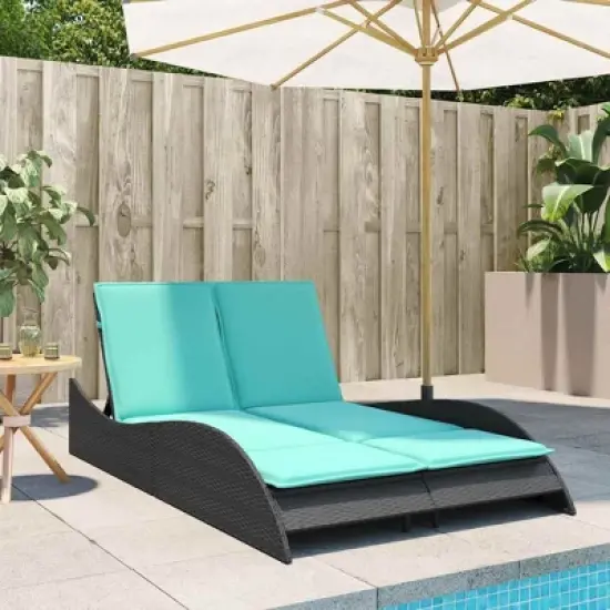 vidaXL Sun Lounger - Black Poly Rattan, Blue Cushions, Adjustable, Garden/Patio Outdoor Chaise daybed, 3-Position backrest, Removable Covers image {2}