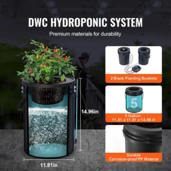 VEVOR DWC Hydroponics Grow System, Hydroponic Growing System with Top Drip Kit, Deep Water Culture 5-Gallon 2 Buckets, with Air Pump, Black image {7}
