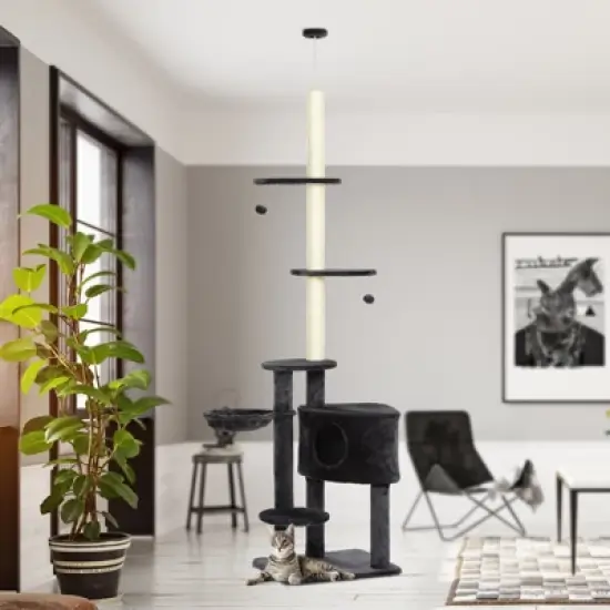 MaseiKar Adjustable Height Floor-To-Ceiling Vertical Cat Tree with Carpet Platforms, Condo & Rope Scratching Areas, Dark Grey image {1}