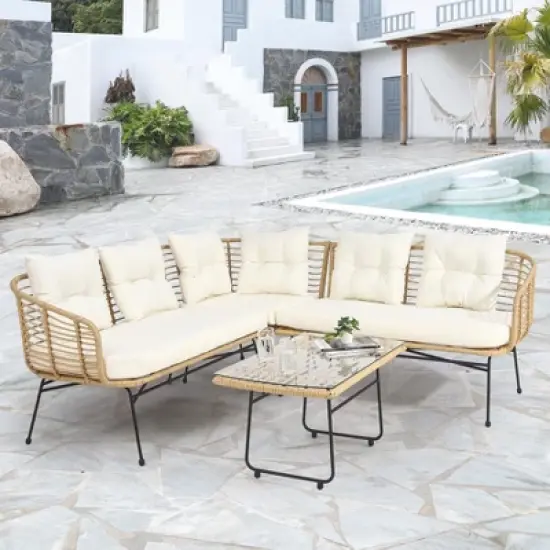 4 Pieces Patio Furniture Set,Boho L-Shaped Sofa Outdoor Furniture Lounge Set Conversation Sectional with Thick Cushions image {3}
