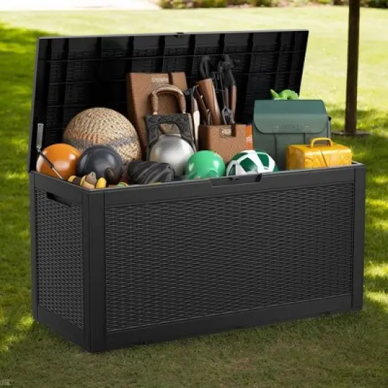 100 Gallon Rattan Deck Box, Lockable Waterproof Ourdoor Storage Container for Pool Accessories, Patio and Garden Tools image {4}