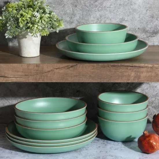 Gibson Home Rockabye 12 Piece Double Bowl Melamine Dinnerware Set in Green image {1}
