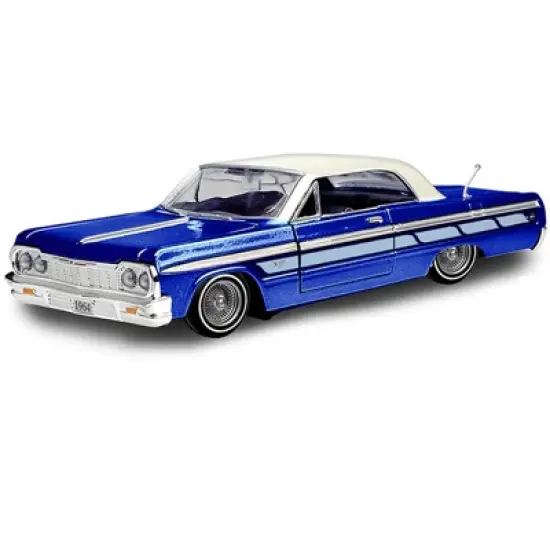1964 Chevrolet Impala Lowrider Hard Top Candy Blue Metallic with Cream Top "Get Low" Series 1/24 Diecast Model Car by Motormax image {1}