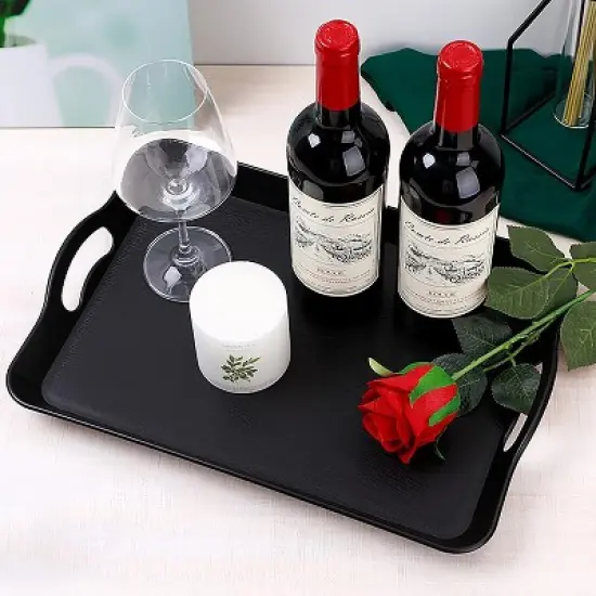 ATTOP 3 Pack Black Serving Trays with Handles,16 x 11IN Rectangular Non Skid Multi-Purpose Plastic OttomanTray for Restaurant, Parties,Table, Kitchen image {3}
