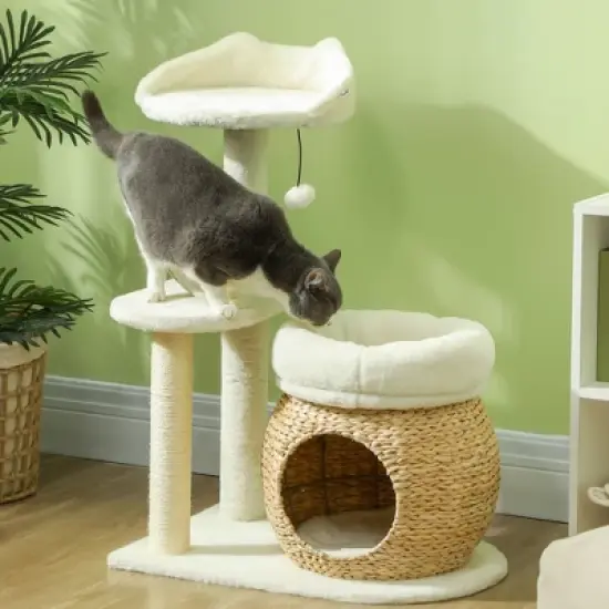 PawHut 31" Cat Tree Tower with Sisal Scratching Posts, Cat Condo, Cat Beds, Platform and Toy Ball, Cat Activity Center for Indoor Cats, Cream White image {5}