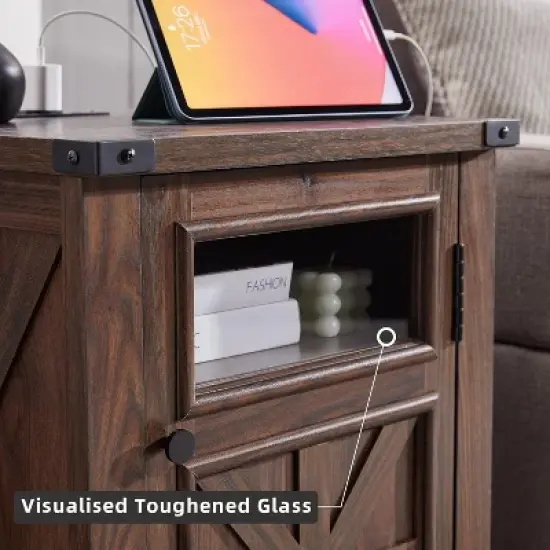 Nightstand with Charging Station, 18" Farmhouse Night Stand with Adjustable Shelf, Wooden Rustic End Table Side Table image {4}