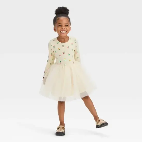 Toddler Girls' Floral Long Sleeve Knit Tulle Dress - Cat & Jack&trade; Off-White image {2}