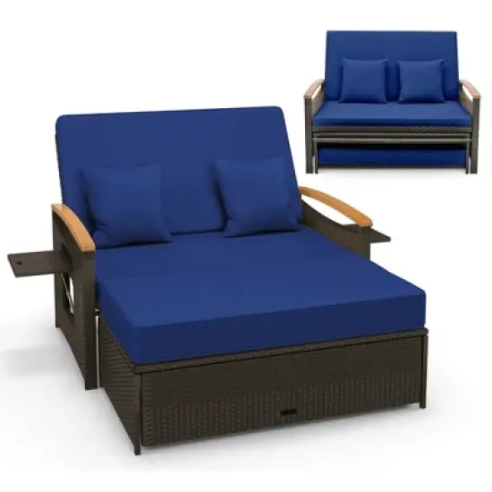 Tangkula Outdoor Wicker Daybed Patio Loveseat & Storage Ottoman Set w/ Navy Cushions image {10}