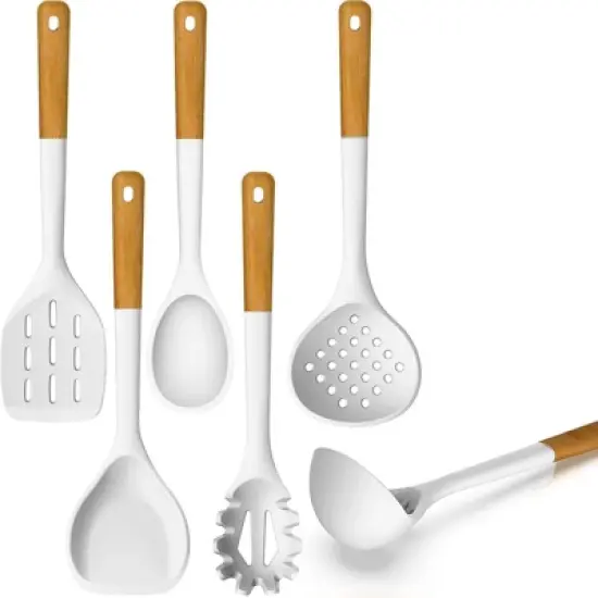 BRINJOY White Heat Resistant Silicone Cooking Kitchen Utensils with Wooden Handles, Spatula Set, BPA Free image {5}