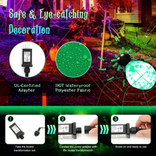 Tangkula Halloween Inflatable Spider with Cobweb Creepy Blow-up Spider with LED Rotating LED Light Green Black Legs Waterproof Halloween Decoration image {3}