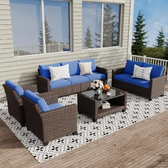 5-Piece Patio Furniture Set &ndash; Outdoor Seating with 7 Seats and Glass Coffee Table, All-Weather Rattan Modular Sofa with Soft Cushions image {3}