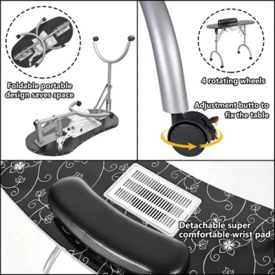 LEIBOU Professional 35 Inch Vented and Foldable Manicure Table with Magnifier Lamp, Dust Collector, Sponge, and Polish Carrying Bag, Black Flower image {2}