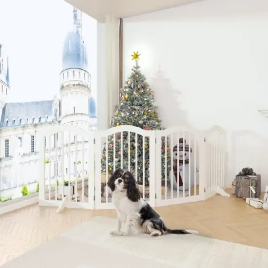 KWPZQEB Wooden Freestanding Foldable Pet Gate, 27.6" 4 Panels Step Over Fence with 2 pcs Support Feet Ideal for Stairs, Doorways, Kitchens, White image {6}