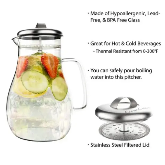 Glass Pitcher-64oz. Carafe with Stainless Steel Filter Lid- Heat Resistant to 300F-For Water, Coffee, Tea, Punch, Lemonade and More by Classic Cuisine image {2}