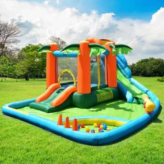 Costway Inflatable Bounce House Kids Water Splash Pool Dual Slide Jumping Castle w/ Bag image {2}
