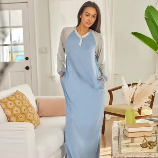 Women's Soft Knit Nightgown, Full Length Long Henley Night Shirt Pajama Top with Pockets image {2}