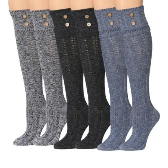 Tipi Toe Womens 3 Pairs Winter Cushioned Solid Colors Pattern Knee High With Buttons Cotton-Blend Boot Socks image {6}
