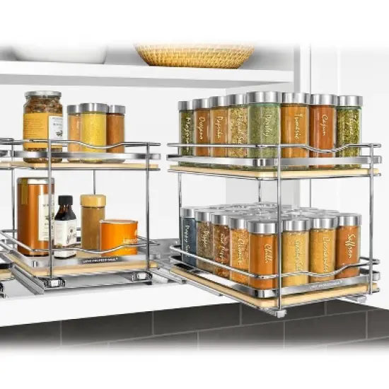 Lynk Professional Slide Out Vertical 8.25" Double Metal/Wood Spice Rack Silver: Kitchen Storage, Pantry Organizer, Pull Out image {3}
